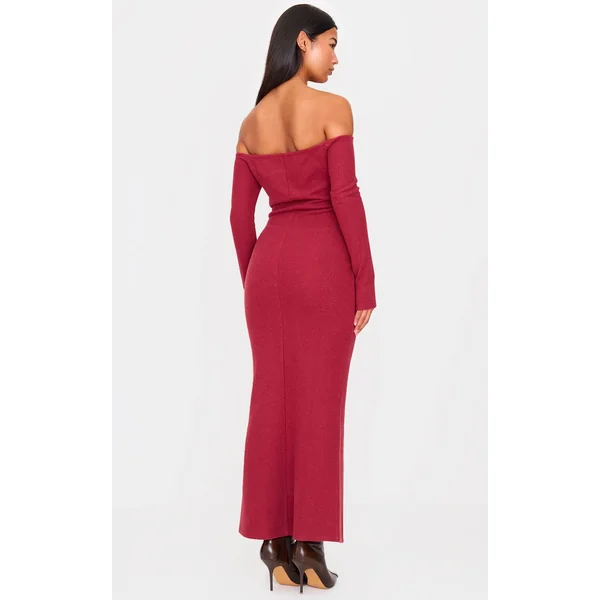 Robe Longue Maxi En Maille Côtelée Épaisse À Épaules Dénudées Et Manches Longues