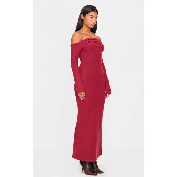 Robe Longue Maxi En Maille Côtelée Épaisse À Épaules Dénudées Et Manches Longues