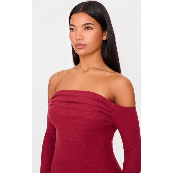 Robe Longue Maxi En Maille Côtelée Épaisse À Épaules Dénudées Et Manches Longues
