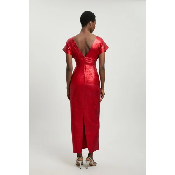 Robe Longue Moulante en Maille à Manches Ange et Finition Métallisée