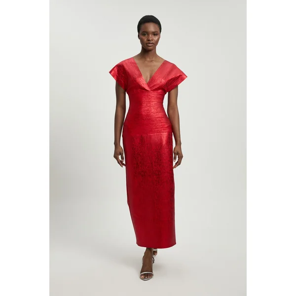 Robe Longue Moulante en Maille à Manches Ange et Finition Métallisée