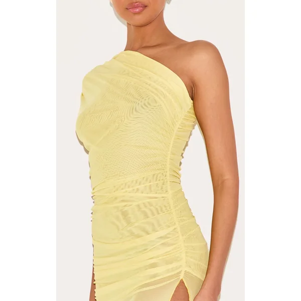 Robe Longue Moulante En Mesh Froncée Asymétrique Avec Fente Sur La Cuisse
