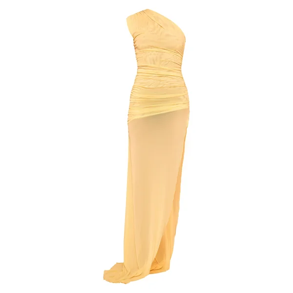 Robe Longue Moulante En Mesh Froncée Asymétrique Avec Fente Sur La Cuisse