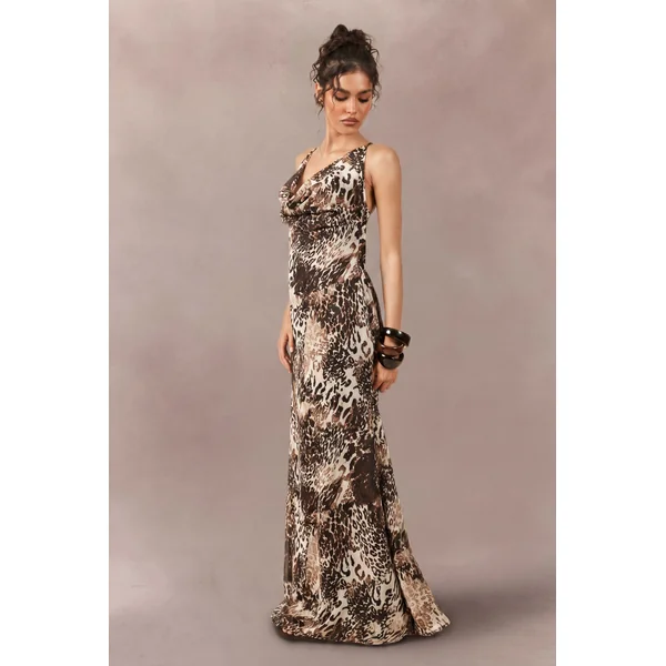 Robe Longue Nuisette En Mousseline À Imprimé Animal Tonal Avec Drapé Devant Et Dos