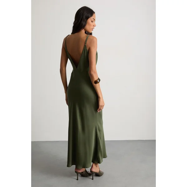 Robe Longue Satinée à Bretelles et Nœud Devant
