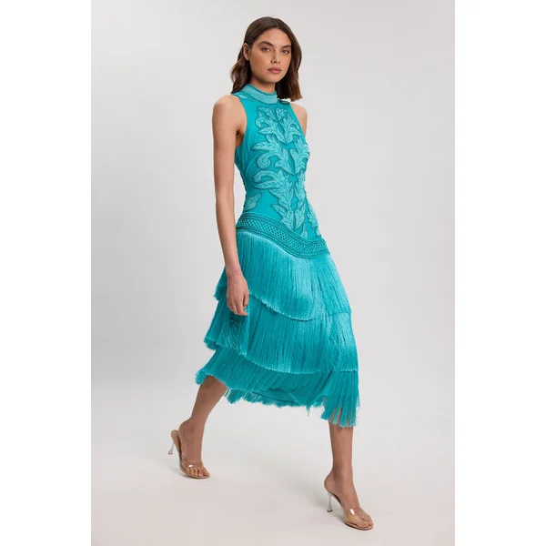 Robe Longue Tissée Asymétrique À Franges Et Perles Avec Encolure Dos-nu