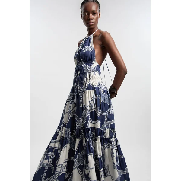 Robe Longue Tissée À Col Licou À Volants En Coton Avec Imprimé Chaîne Petite