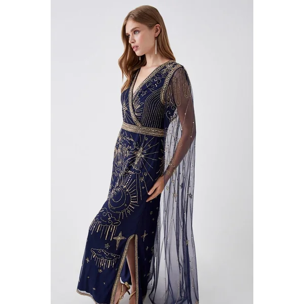 Robe Longue à Cape Dorsale Ornée Celestial Hand
