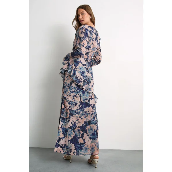 Robe Longue À Manches Longues Avec Col Drapé, Imprimé Fleuri Et Détails À Volants