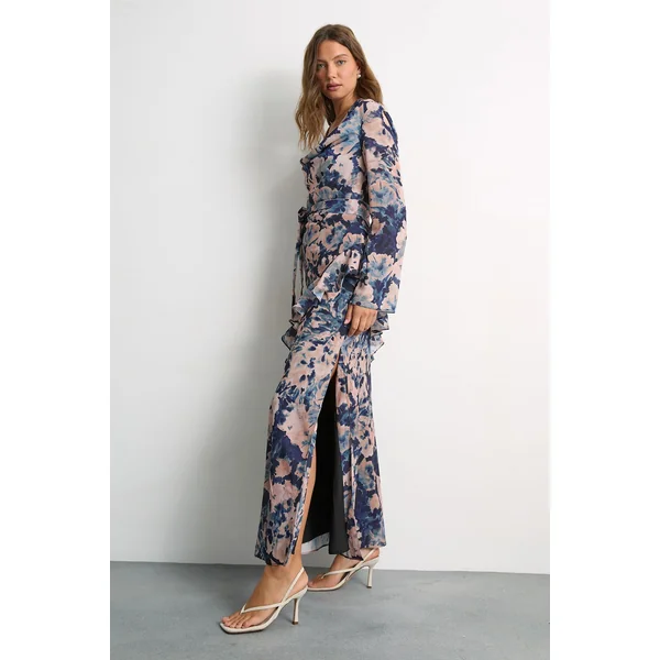 Robe Longue À Manches Longues Avec Col Drapé, Imprimé Fleuri Et Détails À Volants