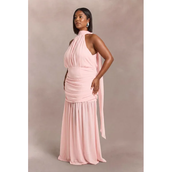 Robe Longue Évasée Grande Taille Avec Col Licou Et Détail Foulard