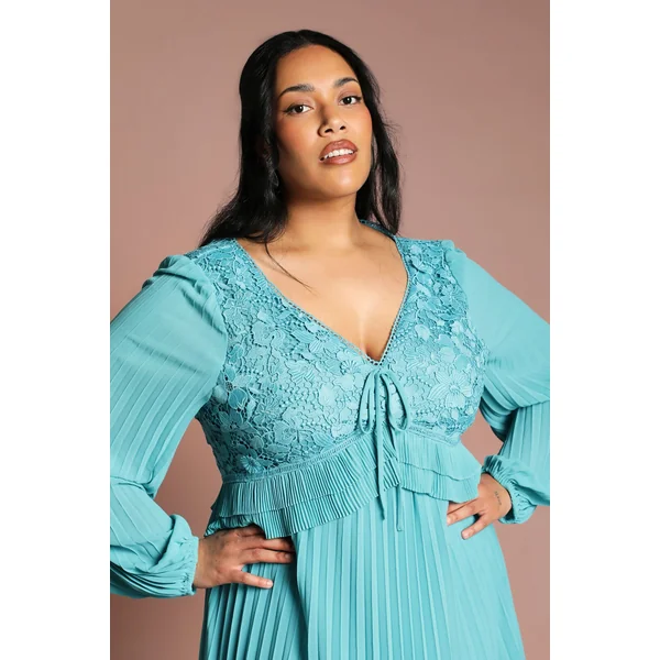Robe Longues Manches à Plis avec Insert en Dentelle Plus
