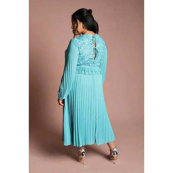Robe Longues Manches à Plis avec Insert en Dentelle Plus