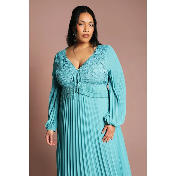 Robe Longues Manches à Plis avec Insert en Dentelle Plus