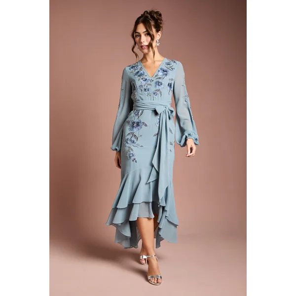 Robe Maxi Asymétrique Ornée de Sequins et Broderies