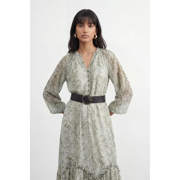 Robe Maxi Ceinturée À Imprimé Synthétique Avec Détails À Volants Petite Taille