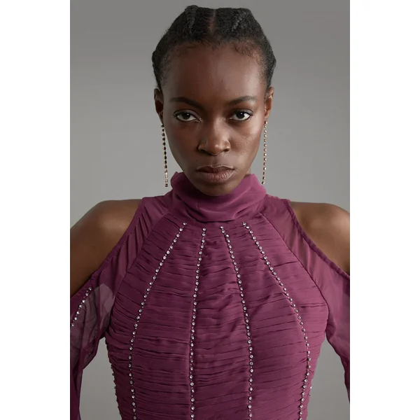 Robe maxi en georgette tissée avec finition ruched, embellie et col montant élevé