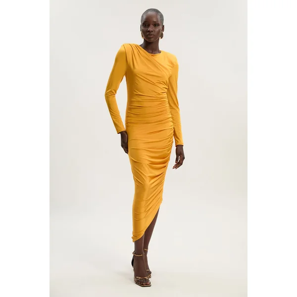 Robe maxi en jersey crêpe à manches longues et froncée