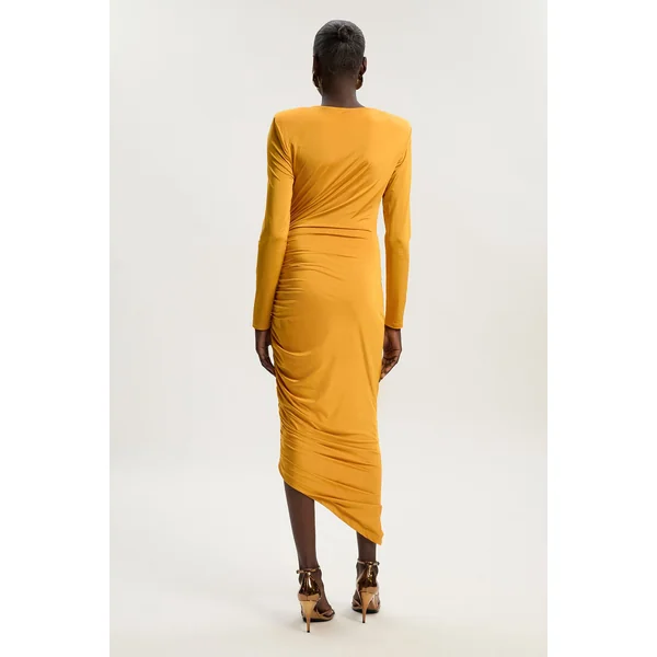 Robe maxi en jersey crêpe à manches longues et froncée