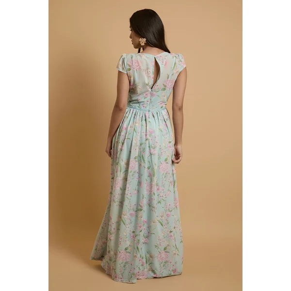 Robe Maxi En Mesh À Imprimé Hortensia Avec Manches Courtes Petite Taille