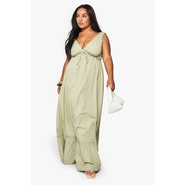 Robe maxi en popeline de coton à effet froncé avec détail de nœud