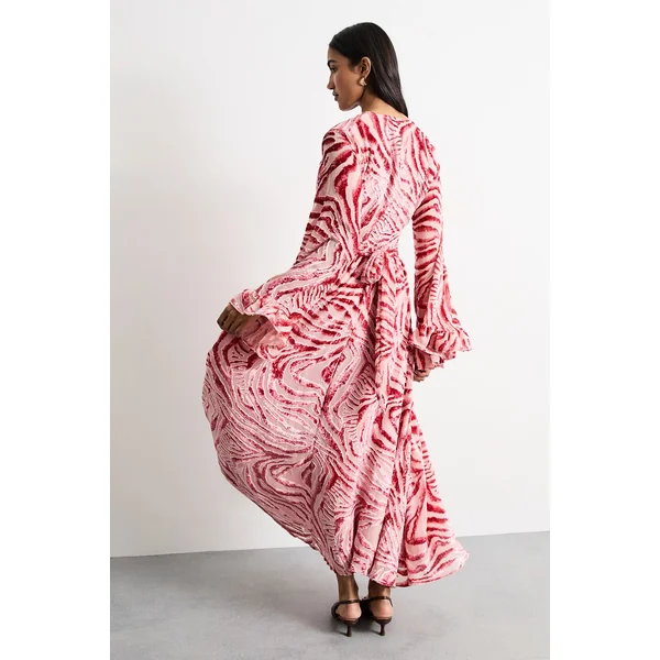 Robe Maxi en Velours Dévoré à Décolleté Plongeant et Manches Évasées avec Ceinture