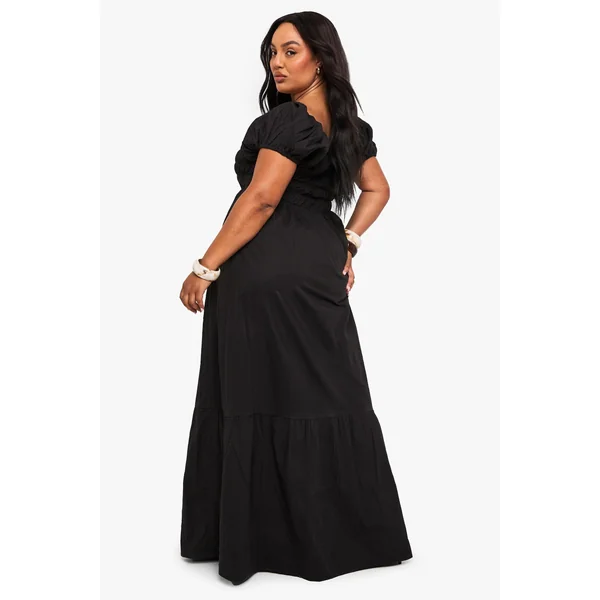 Robe Maxi Grande Taille En Popeline De Coton À Manches Bouffantes