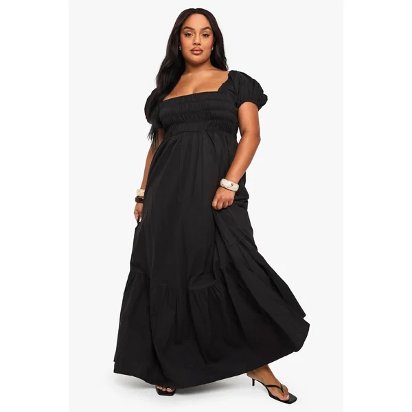 Robe Maxi Grande Taille En Popeline De Coton À Manches Bouffantes
