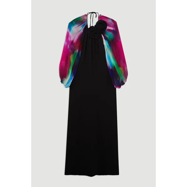 Robe Maxi Imprimée En Cady De Viscose Avec Épaules Dénudées Et Dos Drapé En Georgette De Viscose