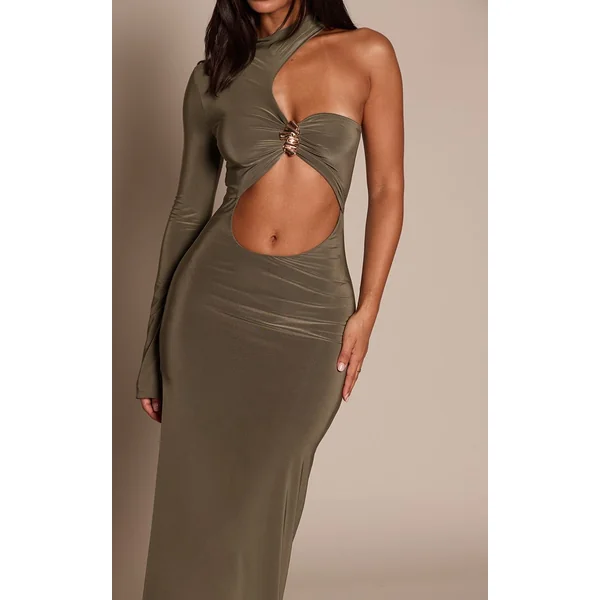 Robe Maxi Moulante Petite À Manches Longues Avec Découpes Et Détails Bordés