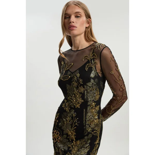 Robe Maxi Petite en Georgette Métallisée Tissée avec Appliqués Floraux