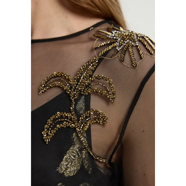 Robe Maxi Petite en Georgette Métallisée Tissée avec Appliqués Floraux