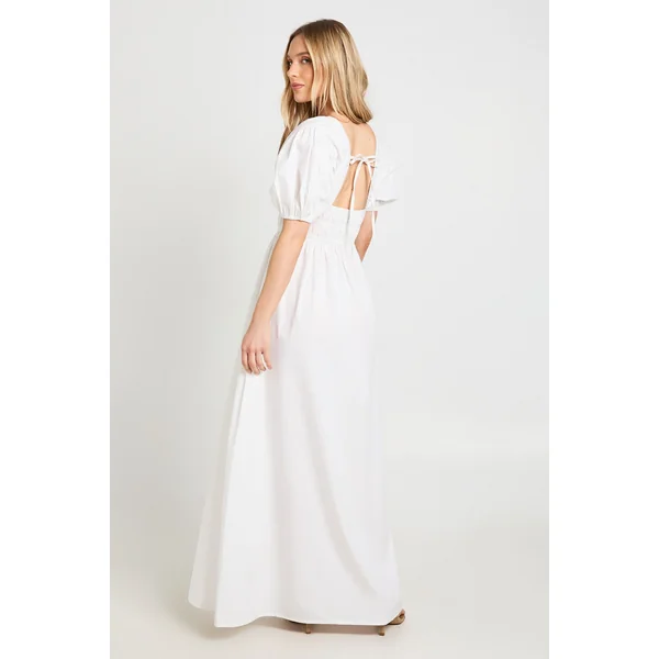 Robe Maxi Petite En Popeline De Coton À Corsage Froncé Col En V Et Manches Bouffantes