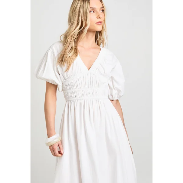Robe Maxi Petite En Popeline De Coton À Corsage Froncé Col En V Et Manches Bouffantes