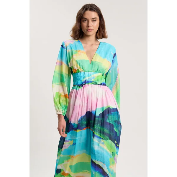 Robe Maxi Tissée En Coton Soie À Imprimé Paysage Et Manches Ballon