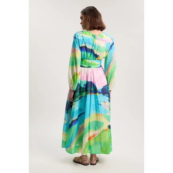 Robe Maxi Tissée En Coton Soie À Imprimé Paysage Et Manches Ballon