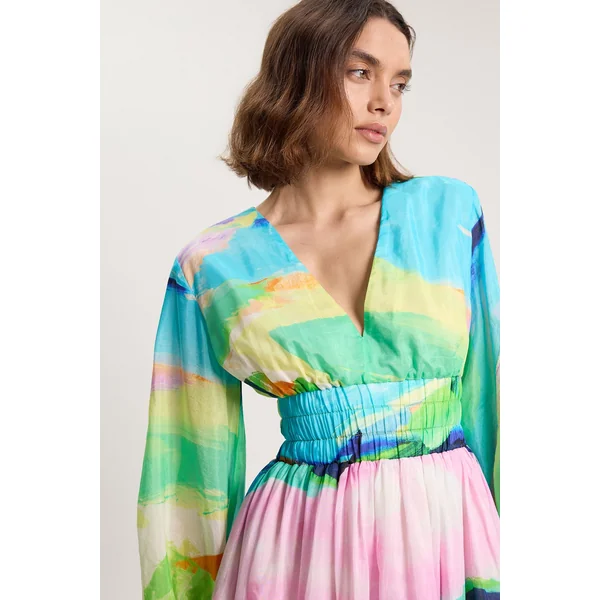 Robe Maxi Tissée En Coton Soie À Imprimé Paysage Et Manches Ballon