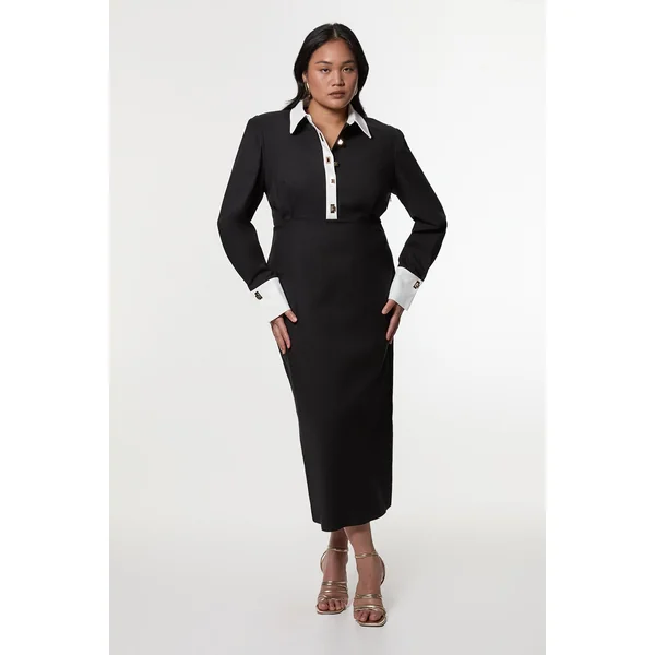 Robe Maxi Tissée en Coton Techno Grande Taille Avec Patte de Boutonnage Contrastante