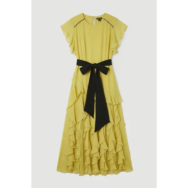 Robe maxi tissée en mousseline avec détails à volants et ceinture