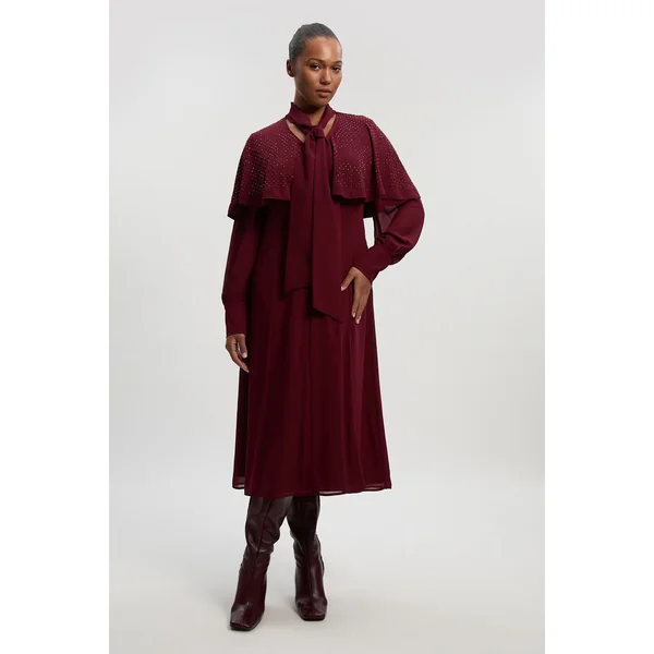 Robe Maxi Tissée Grande Taille avec Cape et Détail Col Noué Orné de Clous Thermocollants