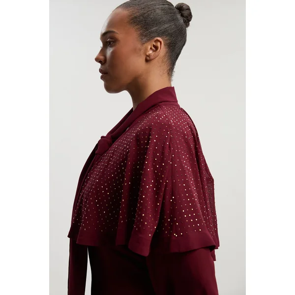 Robe Maxi Tissée Grande Taille avec Cape et Détail Col Noué Orné de Clous Thermocollants
