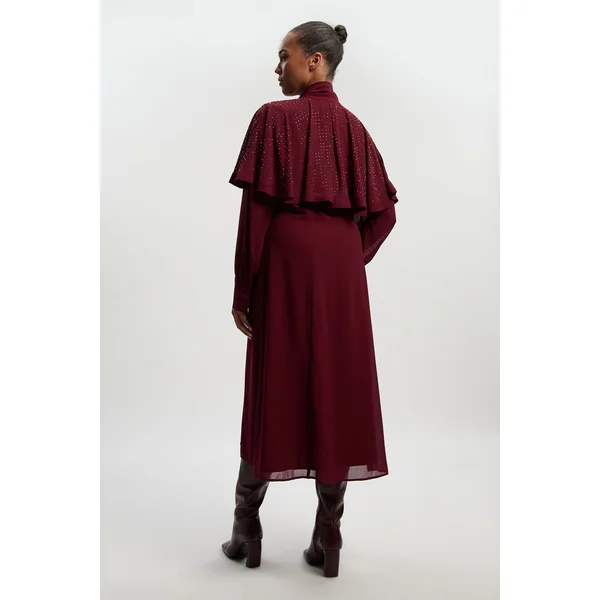Robe Maxi Tissée Grande Taille avec Cape et Détail Col Noué Orné de Clous Thermocollants