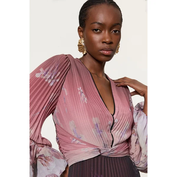 Robe Maxi Tissée À Manches Ballon Florales Et Bordure Plissée Froissée