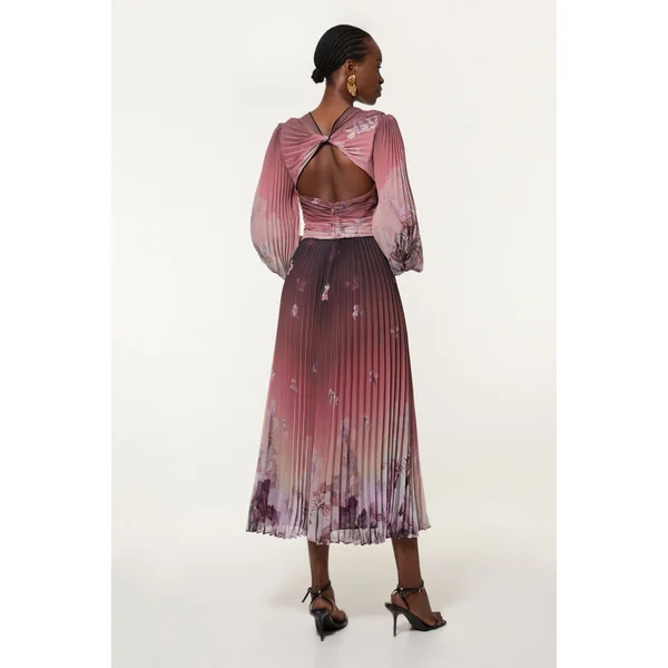 Robe Maxi Tissée À Manches Ballon Florales Et Bordure Plissée Froissée