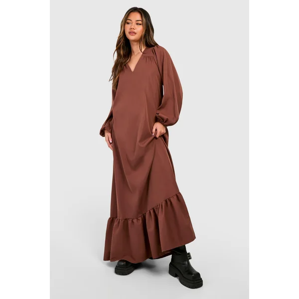Robe Maxi Trapèze à Manches Blouson en Popeline