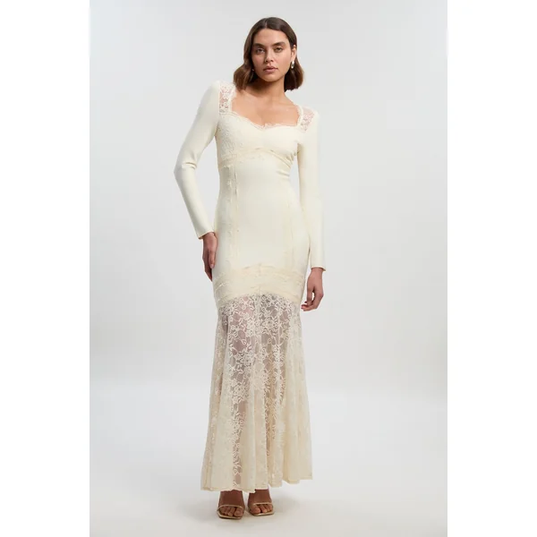 Robe Maxi Tricot Moulante à Bandage et Dentelle Mélangée