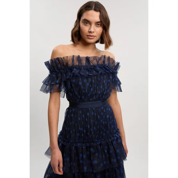 Robe Maxi à Épaules Dénudées en Tulle Superposé à Pois