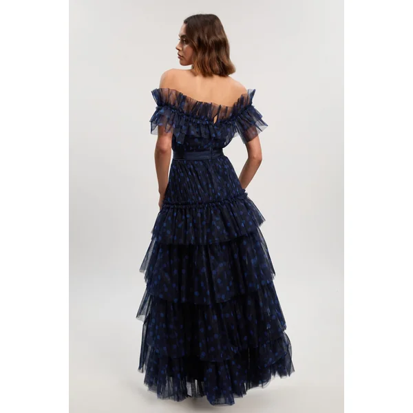 Robe Maxi à Épaules Dénudées en Tulle Superposé à Pois