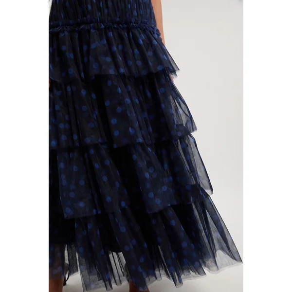 Robe Maxi à Épaules Dénudées en Tulle Superposé à Pois