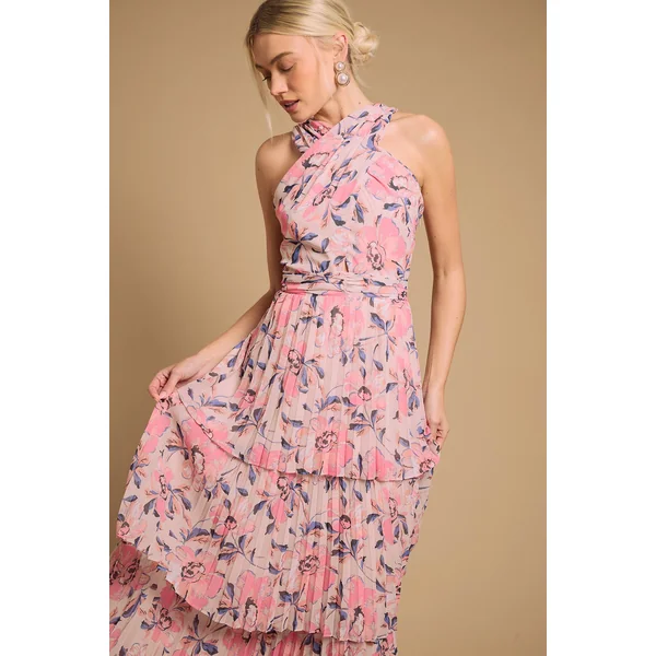 Robe Maxi À Étages Plissés Avec Encolure Américaine